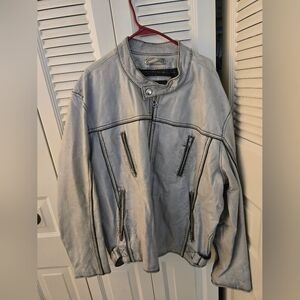 Gray Leather Jacket with Zipper Details